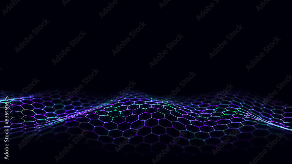 Poster Abstract hexagon wave with blue light on black background. Science background with moving dots ang lines. Network connection technology. Digital structure with particles. 3d rendering.