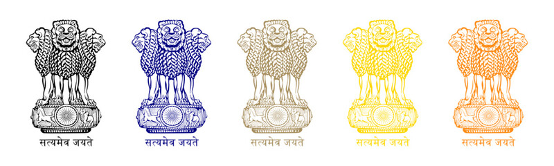 Ashok Piller Satyameva Jayate symbol icon set. Emblem of India. Ashok Stambh symbol in black, blue, brown, golden and orange color isolated on white background.