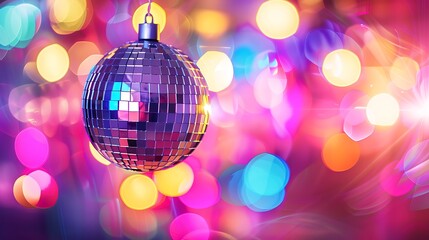 Shimmering Disco Ball with Vibrant Lights Creating Festive Dance Floor Atmosphere