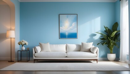 Fototapeta premium Modern interior design with sofa on empty blue wall background.