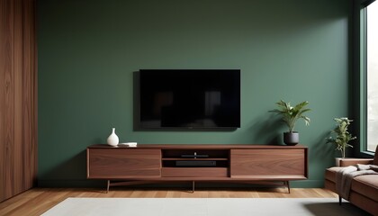 Cabinet for tv on dark green color wall background- 3D rendering