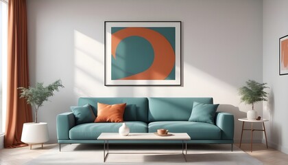 White wall living room with sofa and frame mockup, 3d rendering