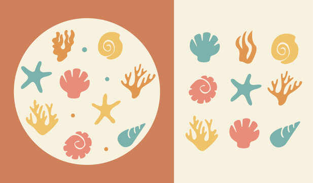 Poster with boho abstract shell coral. Sea summer elements. Minimalistic pastel starfish in modern retro style. Vector background