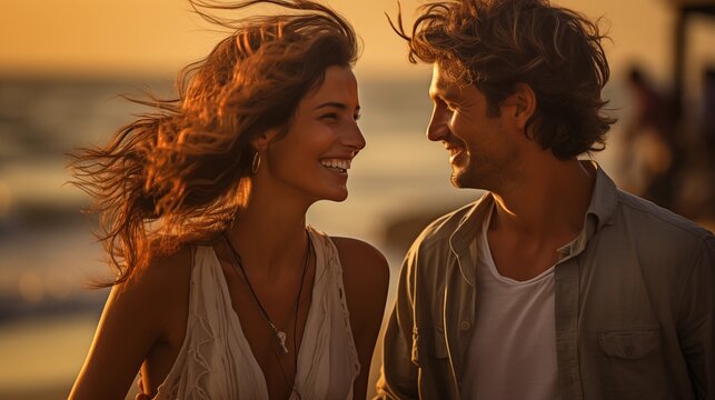 Couple enjoying a sunset stroll on the beach