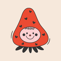 Bizarre smiling face character wearing a strawberry hat. Abstract doodle berry drawing. Fun childish illustration. Cute vector design