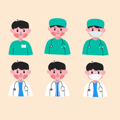 icons set of male Avatar cute health care worker doctors nurse and Paramedic 
