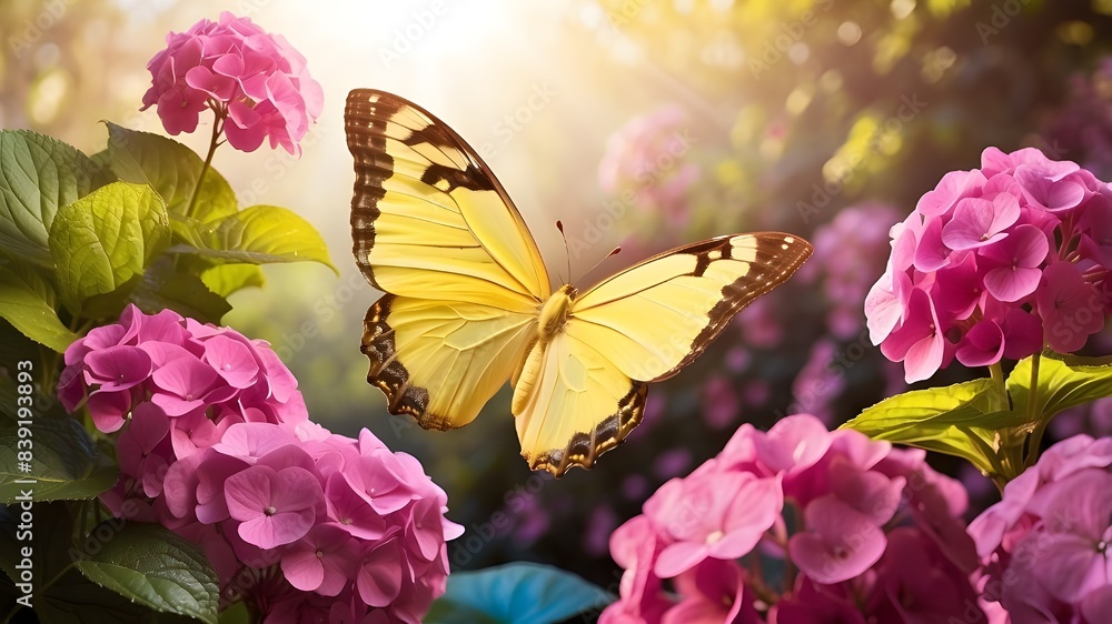 Poster delight in the whimsical charm of nature with this captivating image of a yellow butterfly soaring a