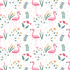 Tropical seamless pattern with flamingo and leaves. Vector hand drawn illustration.