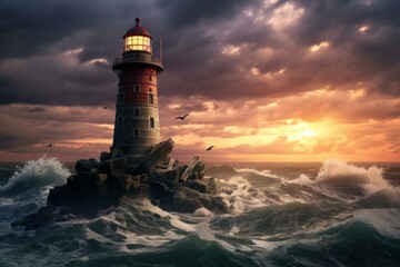Obraz premium Serene sunset backdrop with a classic lighthouse standing against crashing ocean waves