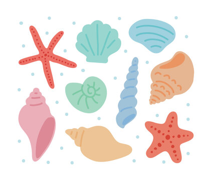 A set of cute hand-drawn illustration with the concept of summer sea. Whales, fish, seaweed, starfish, shells, pearls, coral.