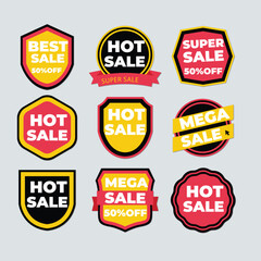 Set of vector red starburst, sunburst badges. Simple flat style vintage labels, stickers with sale discount text. Sale quality tags and labels. Template banner shopping badges.
