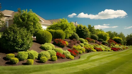 Manicured Lawn and Shrubs in Sunny Residential Backyard Setting