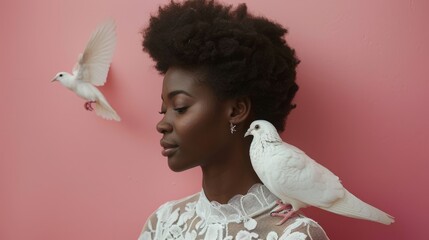 Woman dressed in white dress with a white dove on a shoulder on a pink background