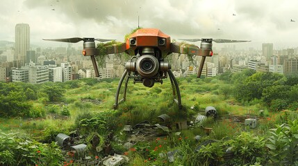 Drone flying over a overgrown city, apocalyptic scene
