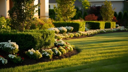 Sunny Backyard with Manicured Lawn and Flowerbed Perfect Residential Garden