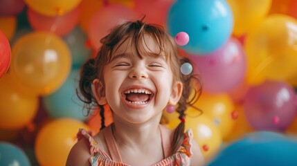 A child laughing joyfully, surrounded by colorful balloons