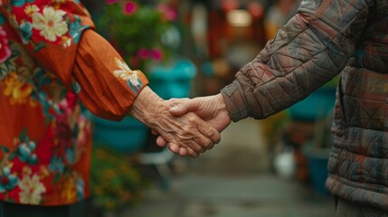 An elderly couple holding hands