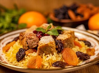 Azerbaijani pilaf with meat and dried fruits on a serving platter. 