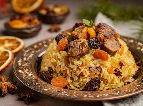 Azerbaijani pilaf with meat and dried fruits on a serving platter. 