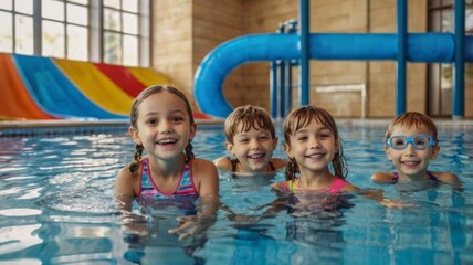 Naklejka premium kids swimming young and successful swimmers pose