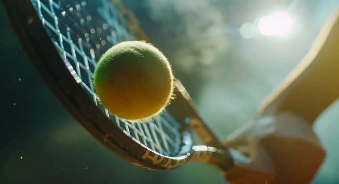 A close up of a tennis racket hitting a ball.