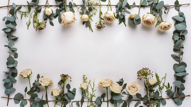 Border frame made of beige rose flowers eringium flower eucalyptus branches on white background flat lay top view floral background
