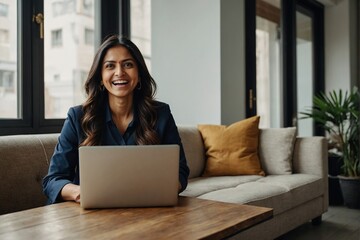 Naklejka premium Woman, ecommerce and excited with laptop for sales negotiation, product investment or client growth. Indian, person and happiness for business meeting, profit celebration or logistics target at work