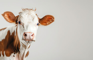 Portrait of cow on grey background, copyspace