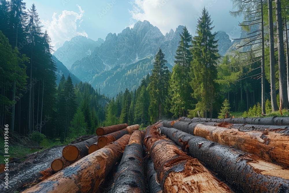 Poster a forest with a mountain range in the background