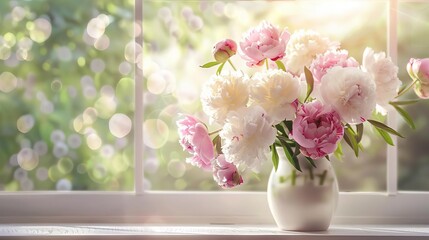 elegant pink and white peonies in vase on sunlit windowsill product display background