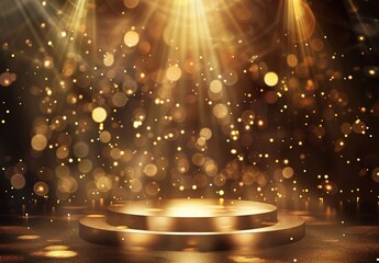 glitter glow gold bokeh abstract background, with light burst spotlights shine with showcase round stage, mock up design for product 