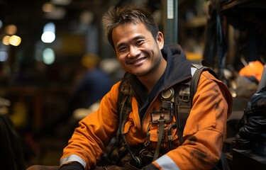 happy Asian technician smiling during work break
