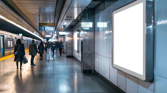 empty white poster mockup hanging in busy train station ready for customization