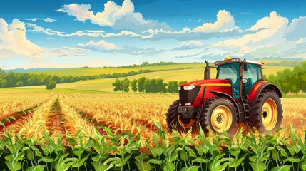 Obraz premium This image depicts a serene green nature scene with a tractor wheel set against a backdrop of cloudy sky and lush plant life