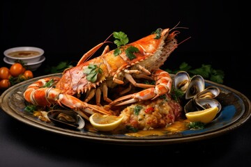 Lavish seafood platter with lobster, shrimps, and mussels, artfully arranged with herbs and lemon