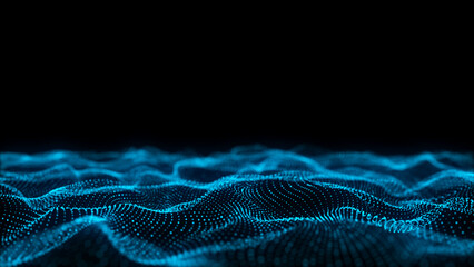 Abstract wave with blue light on black background. Science background with moving dots. Network connection technology. Digital structure with particles. 3d rendering.