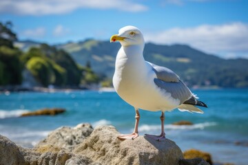 Sharp image of a seagull standing on rocks with a serene beach and blue sky background