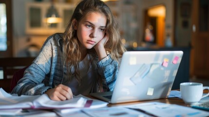 Fototapeta premium Teenage girl studying financial planning with paperwork and a laptop on a desk in a studio setting