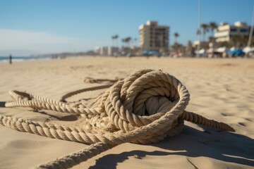 Fototapeta premium Close-up of coiled rope on a sandy shore, with buildings and beach scene out of focus in the distance