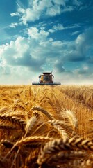 Fototapeta premium This image showcases a bright sky stretching over a lush agricultural landscape, where a tire is seen resting on the grassy terrain