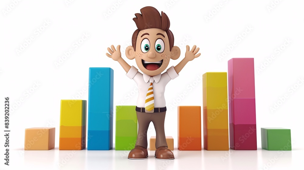 Aufkleber a 3d cartoon character standing in front of a rising bar graph with an excited expression on a white