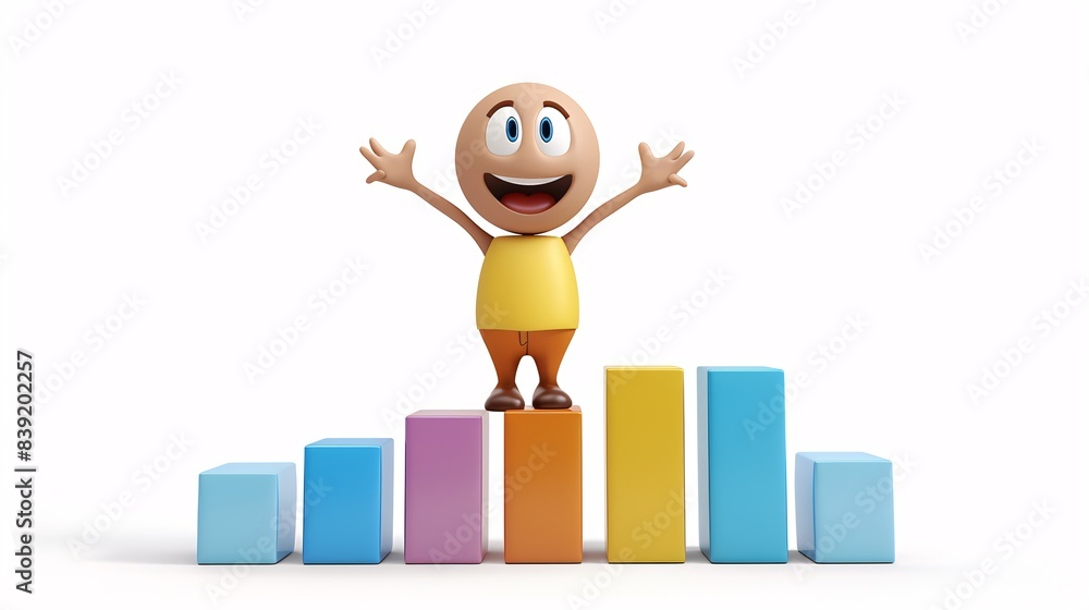 Poster a 3d cartoon character standing in front of a rising bar graph with an excited expression on a white