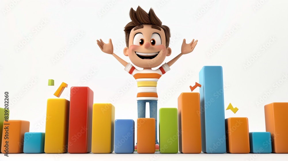 Aufkleber a 3d cartoon character standing in front of a rising bar graph with an excited expression on a white