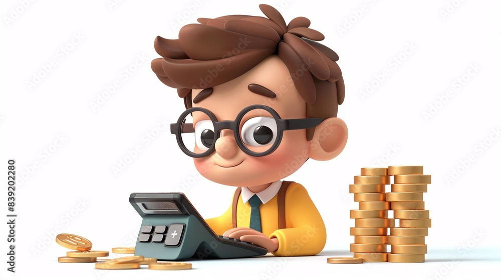 Poster a 3d cartoon character using a calculator to manage finances with stacks of coins around on a white 