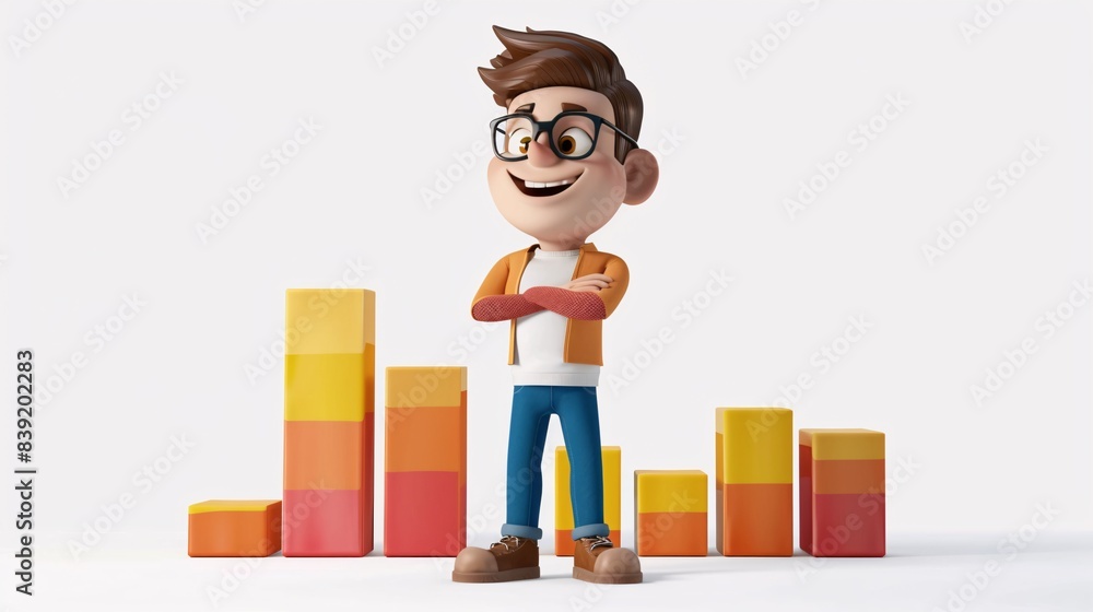 Poster a 3d cartoon character standing in front of a rising bar graph with an excited expression on a white