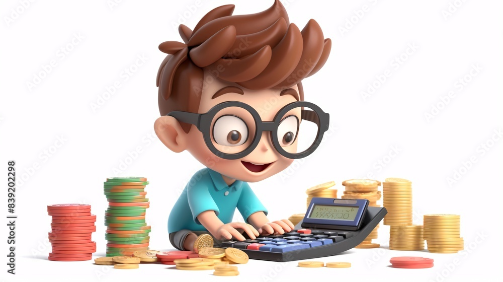 Poster a 3d cartoon character using a calculator to manage finances with stacks of coins around on a white 