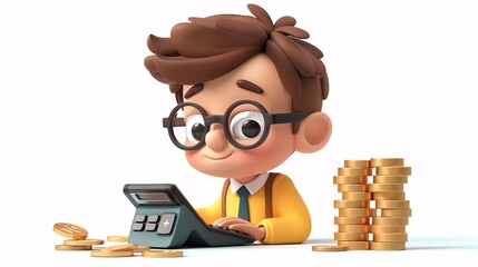 A 3D cartoon character using a calculator to manage finances with stacks of coins around on a white background