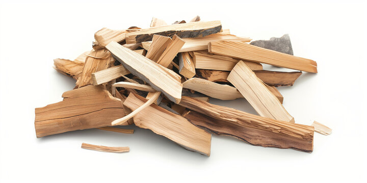 A neatly stacked pile of kindling wood pieces on a white background. The split logs are ready for use in starting fires, showcasing their natural textures and colors
