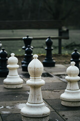 Chess pieces on a park floor, strategic game outdoors