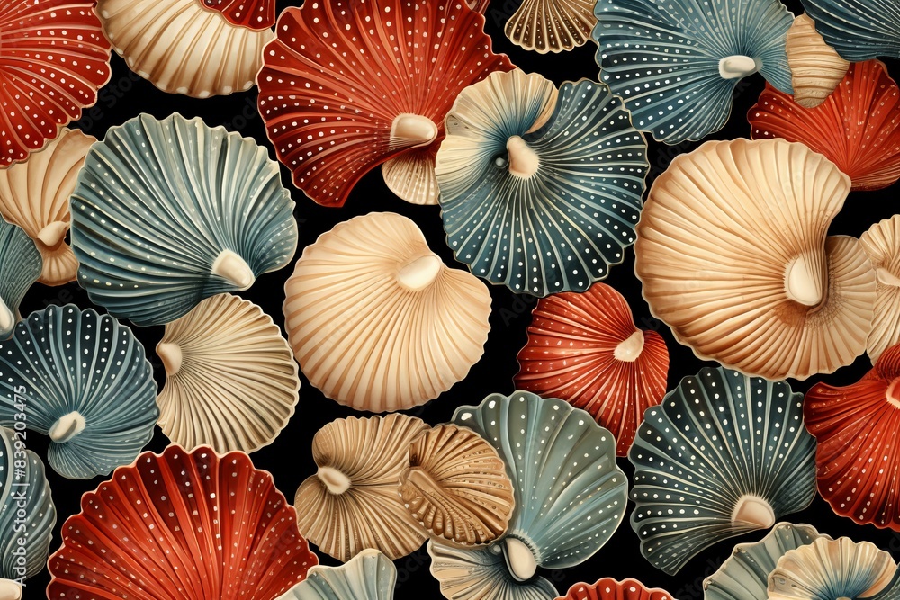 Poster vibrant collection of various colorful seashells displayed against a dark backdrop